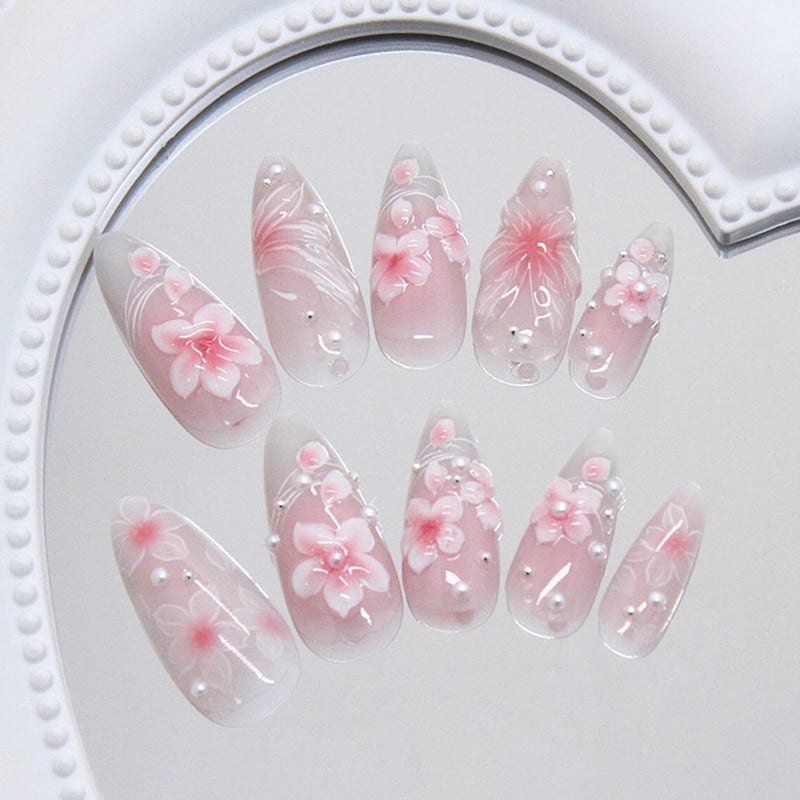 CJDLTS Pink Flower Press on Nails Medium Almond Shaped Artificial Acrylic Nails Gradient 3D Floral with Pearl Design Stick on Nails Full Cover Reusable Coffin Artificial Fingernails for Women Manicure - Image 2